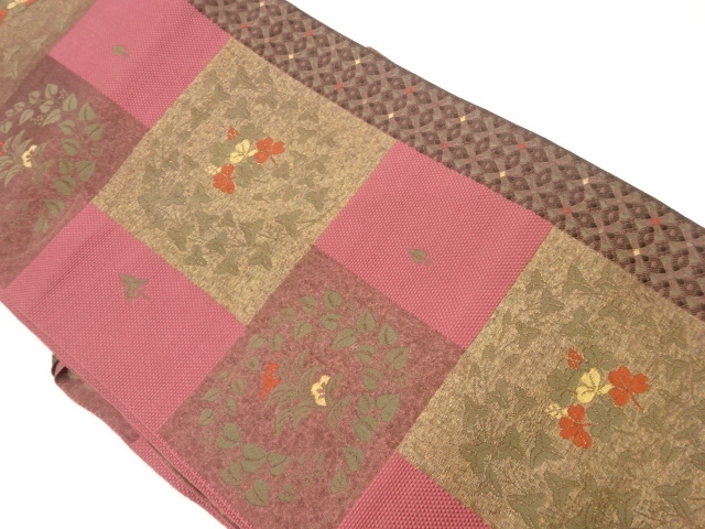 JAPANESE NAGOYA OBI / CHIKUZEN HAKATA / WOVEN FLORAL PLANTS